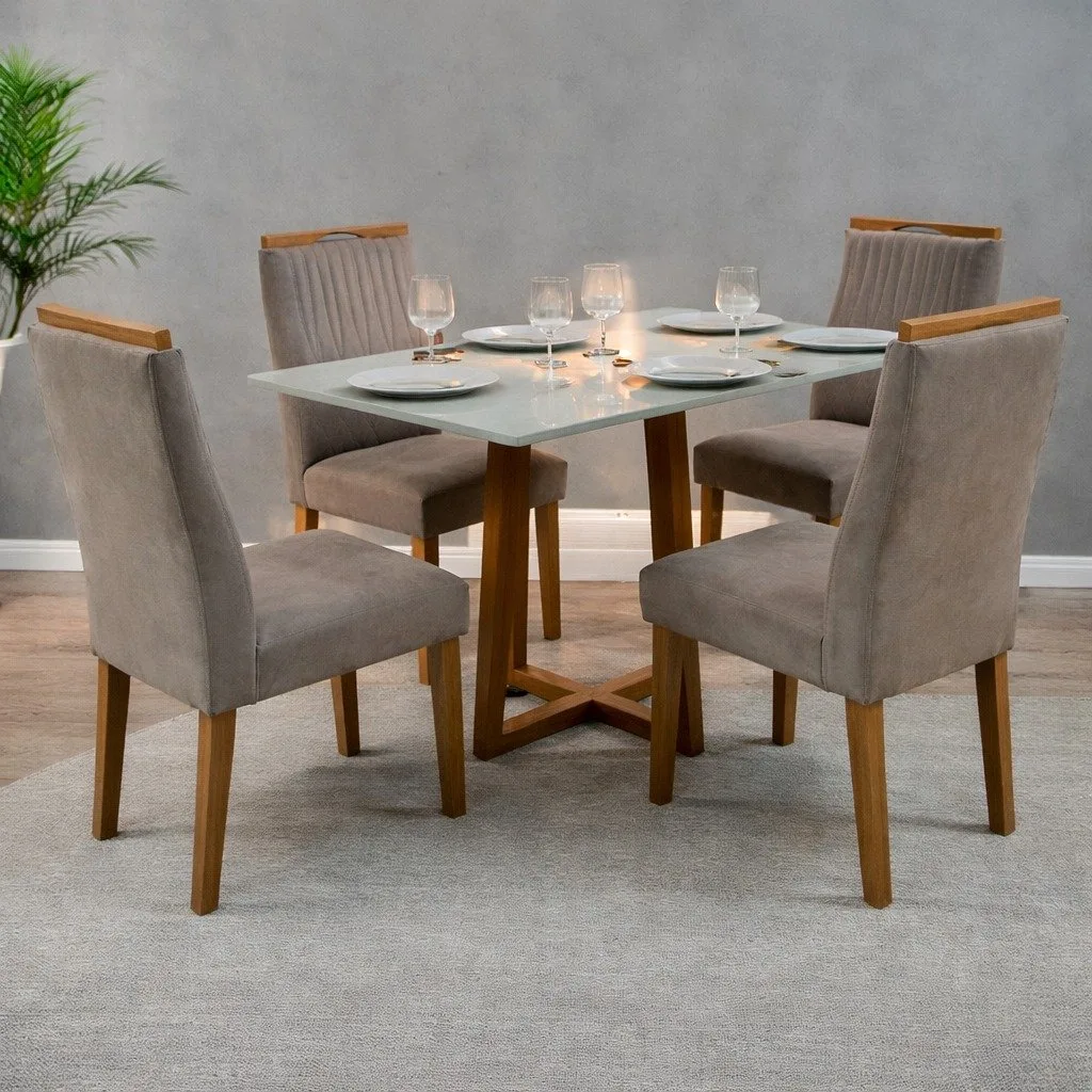 Mesa Pedro 120 Mel/Off White com 4 Cadeiras Gênova Veludo Bege Capuccino – ART ASSENTOS