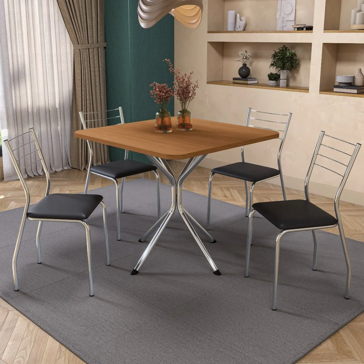 Mesa Creta 0,90 com 4 Cadeiras Malta CMC1078(M088/F090/4C140) Cromado/Canela – KAPPESBERG