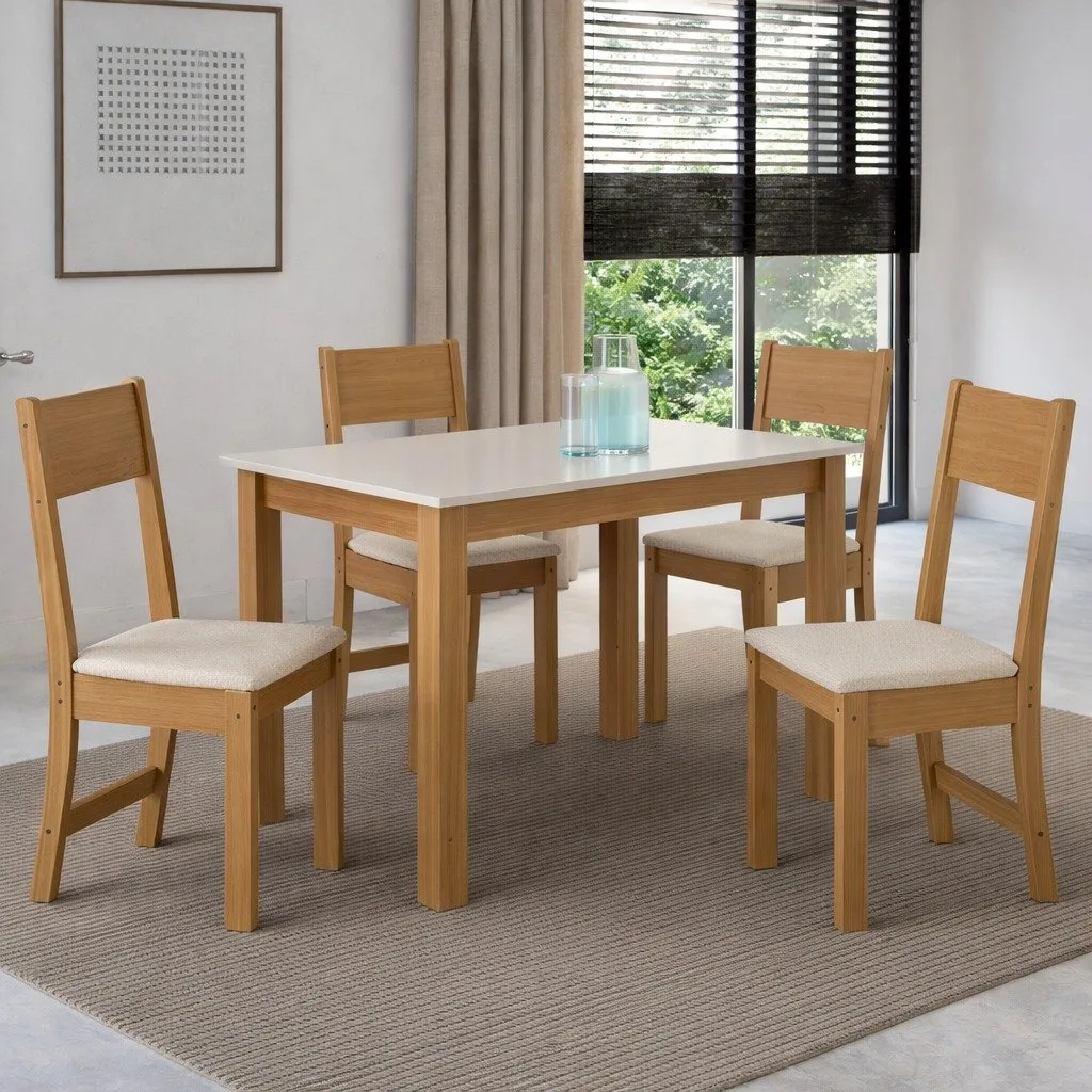 Mesa Atlanta 108 Freijó/Off White com 4 Cadeiras Karla Linho Bege – INDÉKES