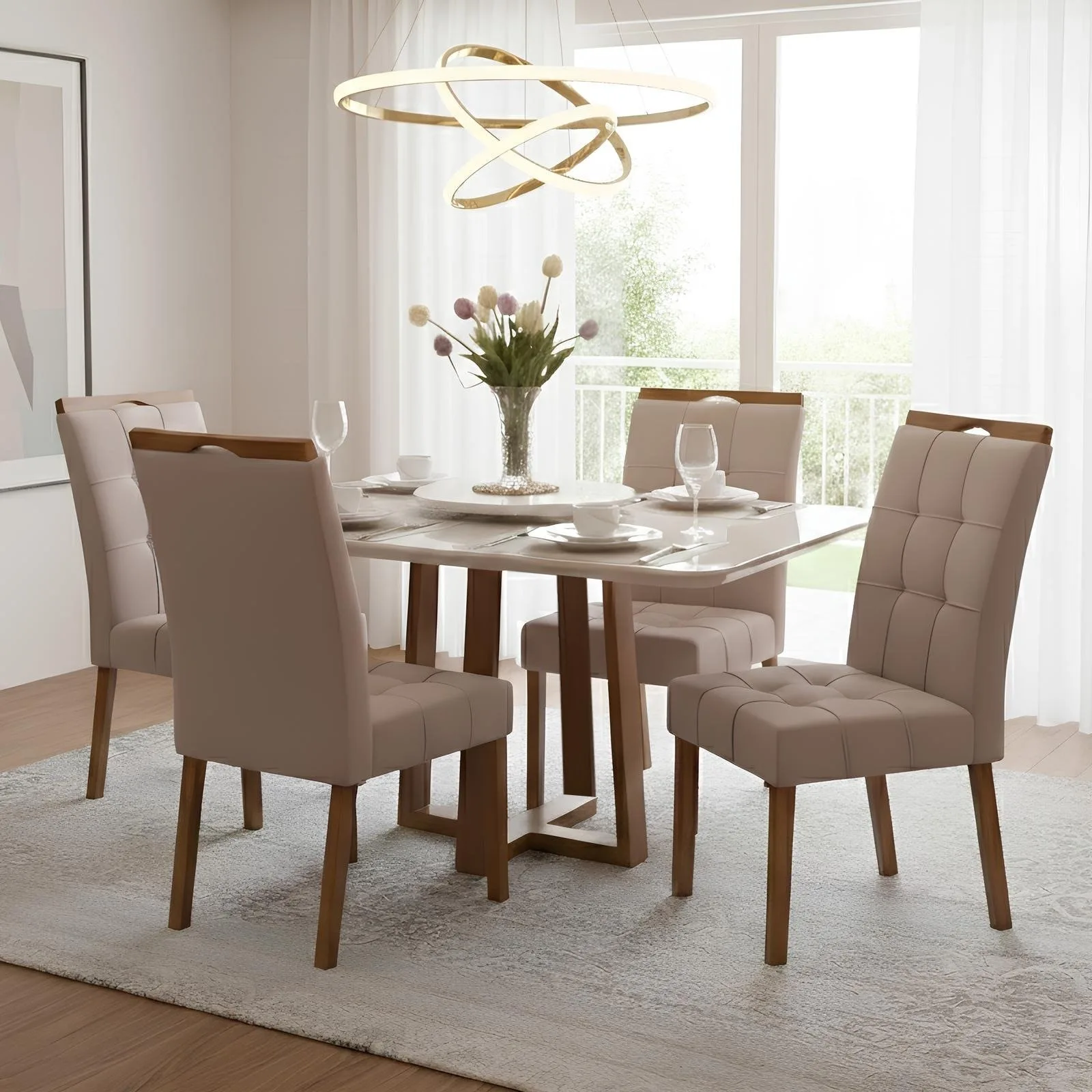 Mesa Pedro 90 Mel/Off White com 4 Cadeiras Sophia Veludo Bege – ART ASSENTOS + WM DECOR