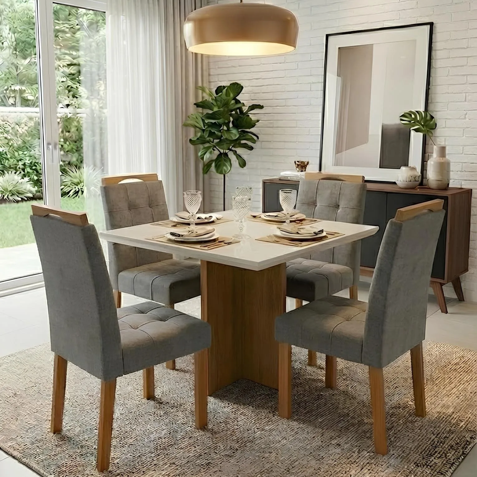 Mesa Salinas/Helô/Los Angeles 90 Cinamomo/Off White com 4 Cadeiras Sophia Veludo Cinza Grafite – CEL MÓVEIS + WM DECOR