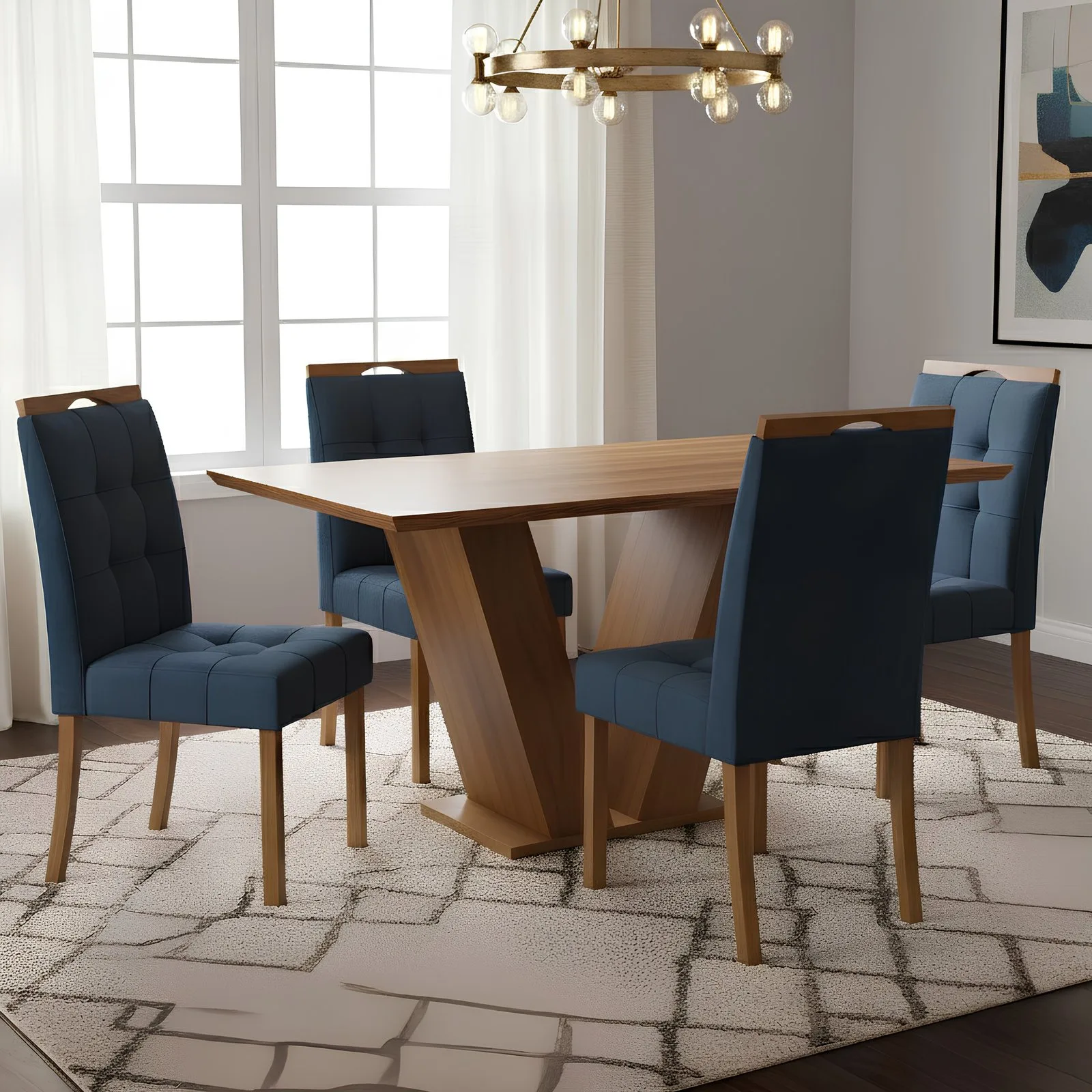Mesa Classic 120 Cinamomo Laminado com 4 Cadeiras Sophia Veludo Azul – CEL MÓVEIS + WM DECOR