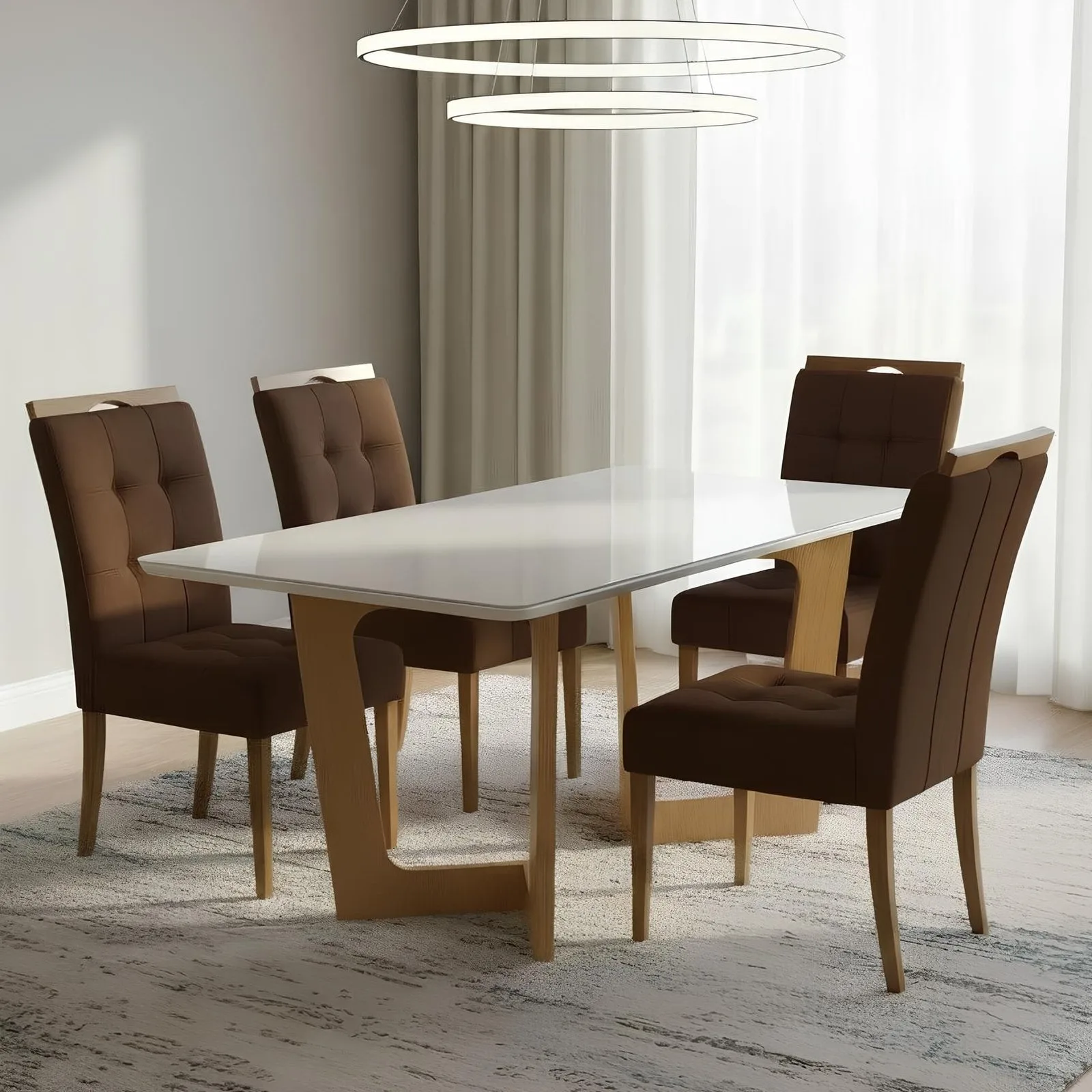 Mesa Dubai 120 (Tampo Londres) Cinamomo/Off White com 4 Cadeiras Sophia Veludo Marrom – CEL MÓVEIS + WM DECOR