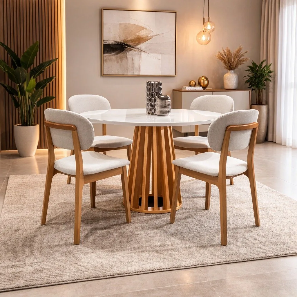 Mesa Berlim 100 Cinamomo/Off White com 4 Cadeiras Gaya Linho Bege 01 – CEL MÓVEIS + J SILVA MÓVEIS