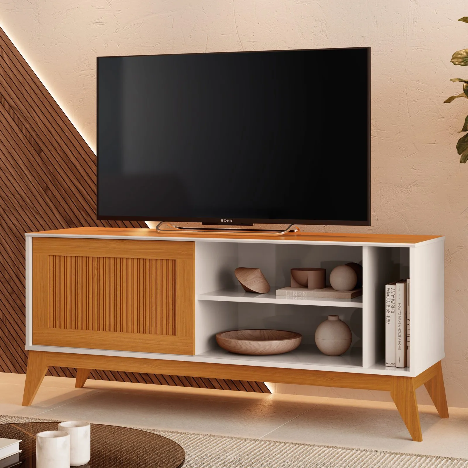 Rack até 55″ Aruba Off White/Cedro – EDN MÓVEIS