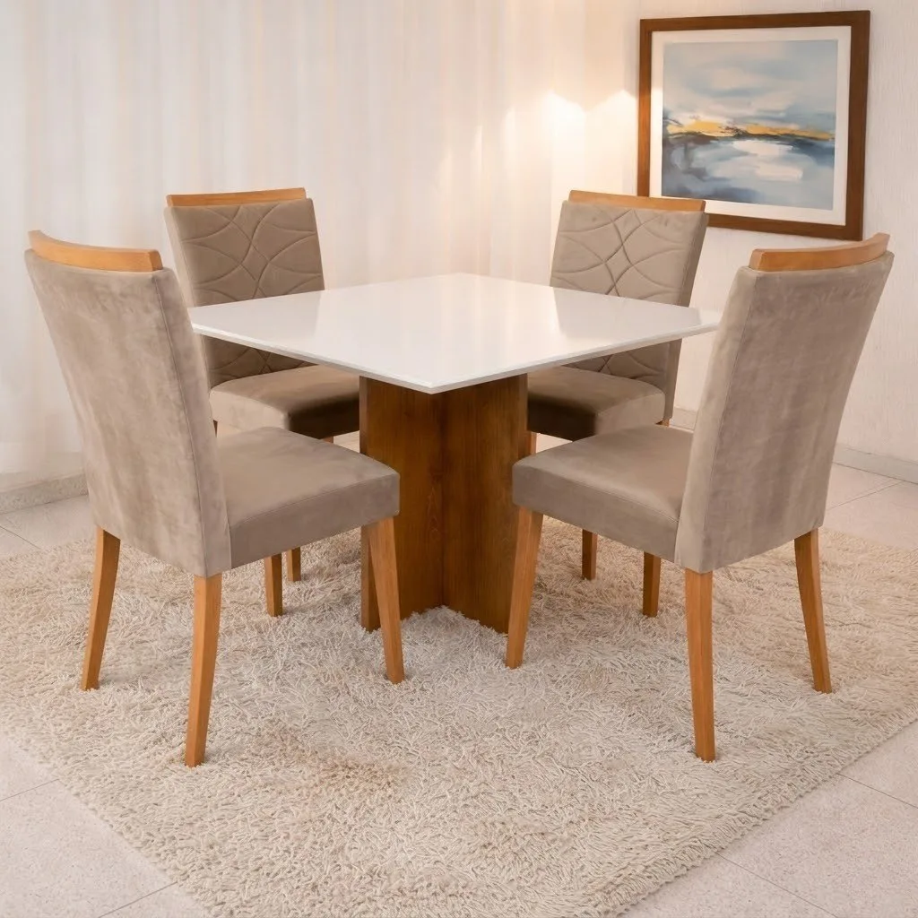 Mesa Salinas/Helô/Los Angeles 90 Cinamomo/Off White com 4 Cadeiras Safira Veludo Bege – CEL MÓVEIS + WM DECOR