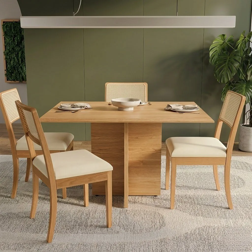 Mesa Pérola 120 Imbuia Mel (Tampo Viena s/vidro) com 4 Cadeiras Lola Linho Areia A085A – CARVALHO DECOR + KAPPESBERG