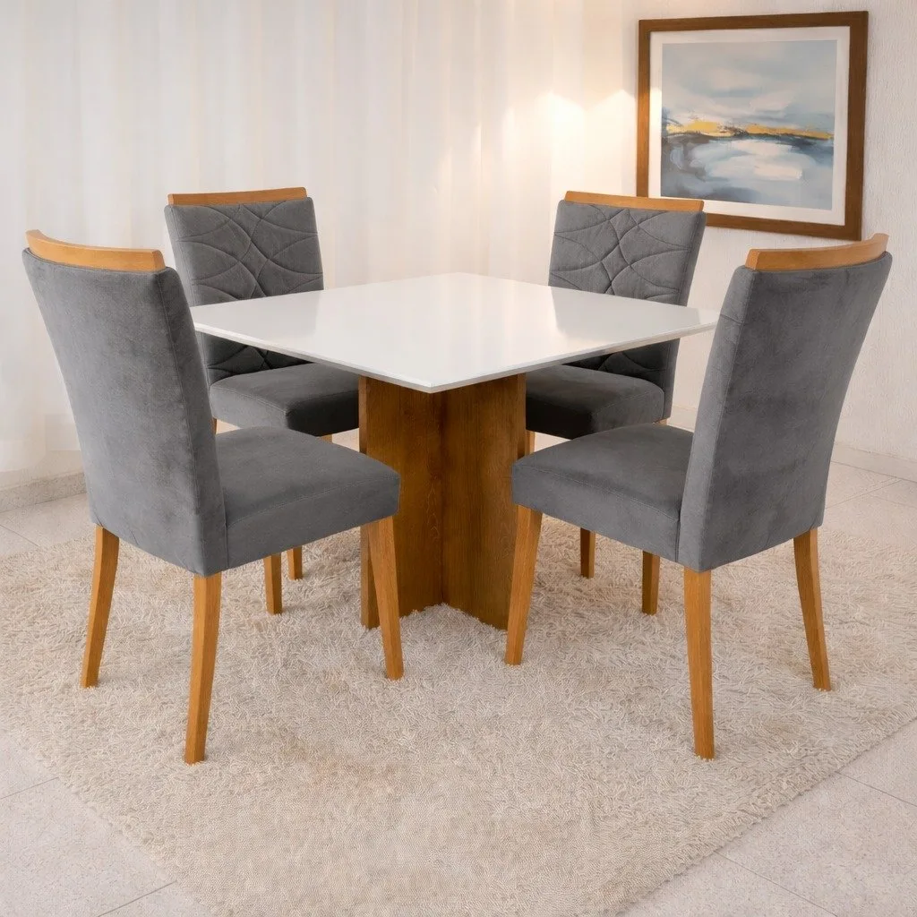 Mesa Salinas/Helô/Los Angeles 90 Cinamomo/Off White com 4 Cadeiras Safira Veludo Cinza Grafite – CEL MÓVEIS + WM DECOR