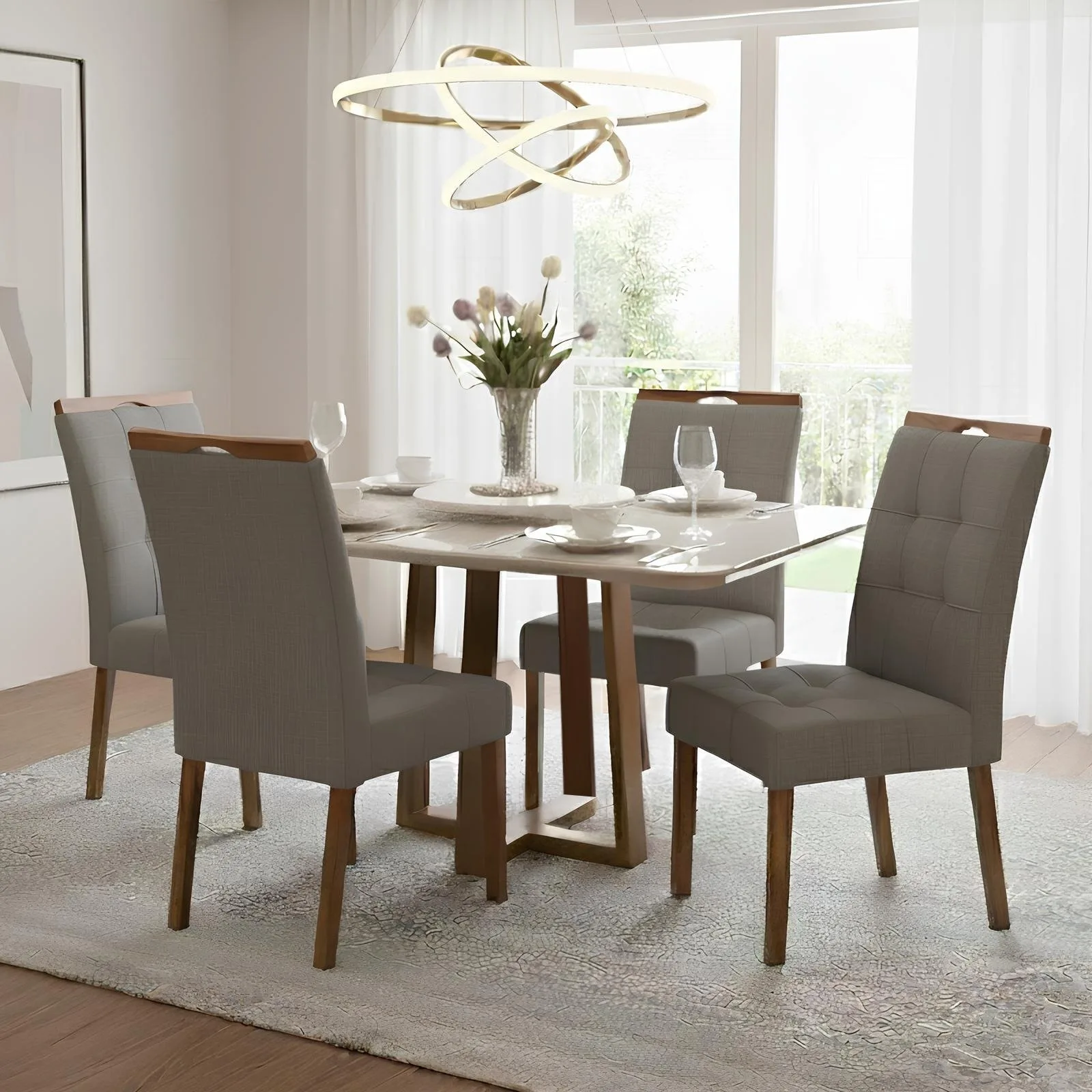 Mesa Pedro 90 Mel/Off White com 4 Cadeiras Sophia Linho Cinza Grafite 206 – ART ASSENTOS + WM DECOR