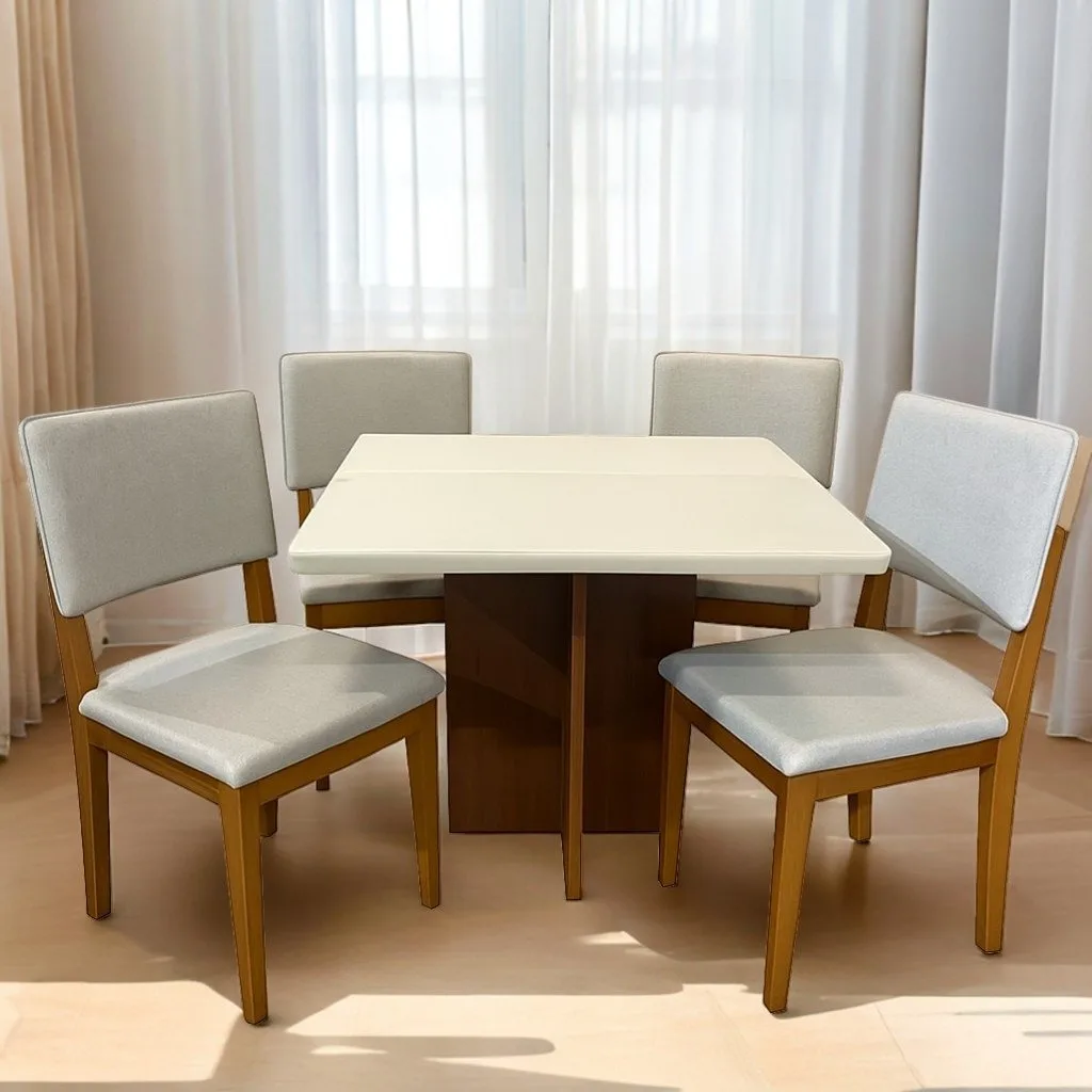 Mesa Salinas/Helô/Los Angeles 90 Cinamomo/Off White com 4 Cadeiras Pérola Linho Cinza Prata – CEL MÓVEIS + DOBUÊ MOVELAR