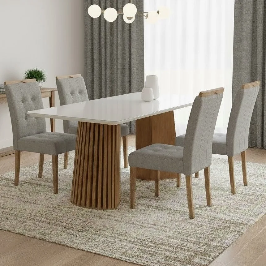 Mesa Nevada 120 (Tampo Smart Plus) Cinamomo/Off White com 4 Cadeiras Sophia Linho Cinza Grafite 206 – CEL MÓVEIS + WM DE