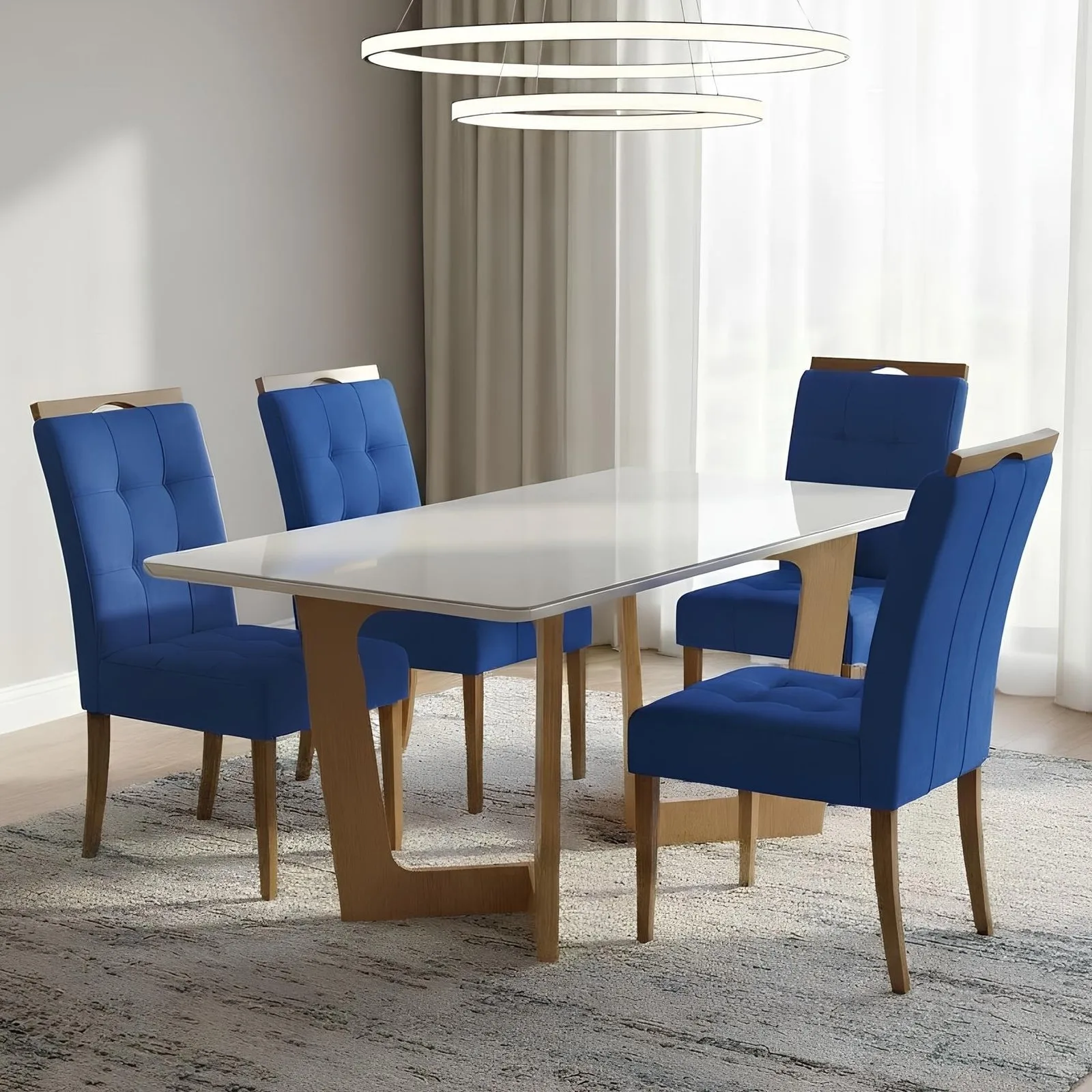 Mesa Dubai 120 (Tampo Londres) Cinamomo/Off White com 4 Cadeiras Sophia Veludo Azul – CEL MÓVEIS + WM DECOR