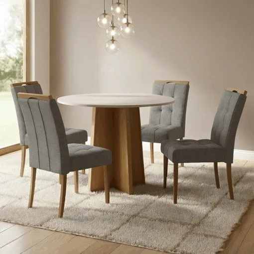 Mesa Redonda Celebrare 100 Amêndoa Clean/Off White com 4 Cadeiras Sophia Linho Cinza Grafite 206 – LOPAS + WM DECOR