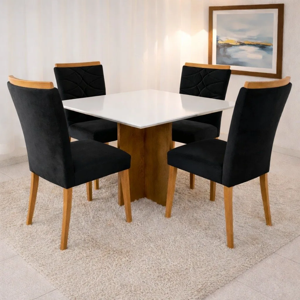 Mesa Salinas/Helô/Los Angeles 90 Cinamomo/Off White com 4 Cadeiras Safira Veludo Preto – CEL MÓVEIS + WM DECOR