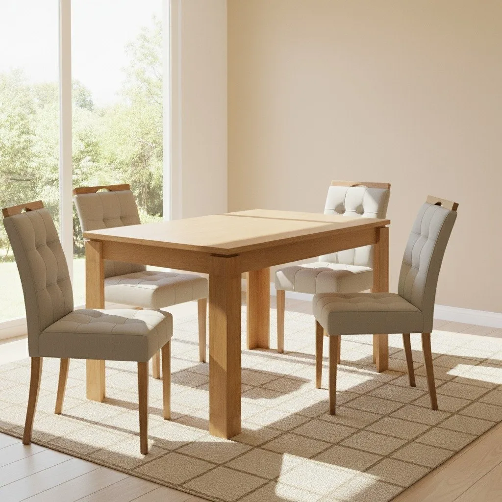 Mesa Athenas 120 Amêndoa Clean com 4 Cadeiras Sophia Veludo Bege – LOPAS + WM DECOR