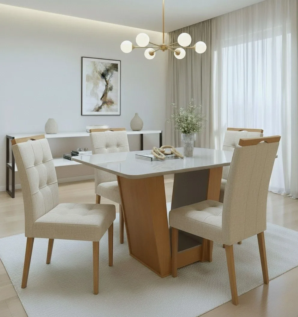 Mesa Apogeu (Tampo Maxi) 120 Amêndoa Clean/Off White com 4 Cadeiras Sophia Linho Bege 200 – LOPAS + WM DECOR