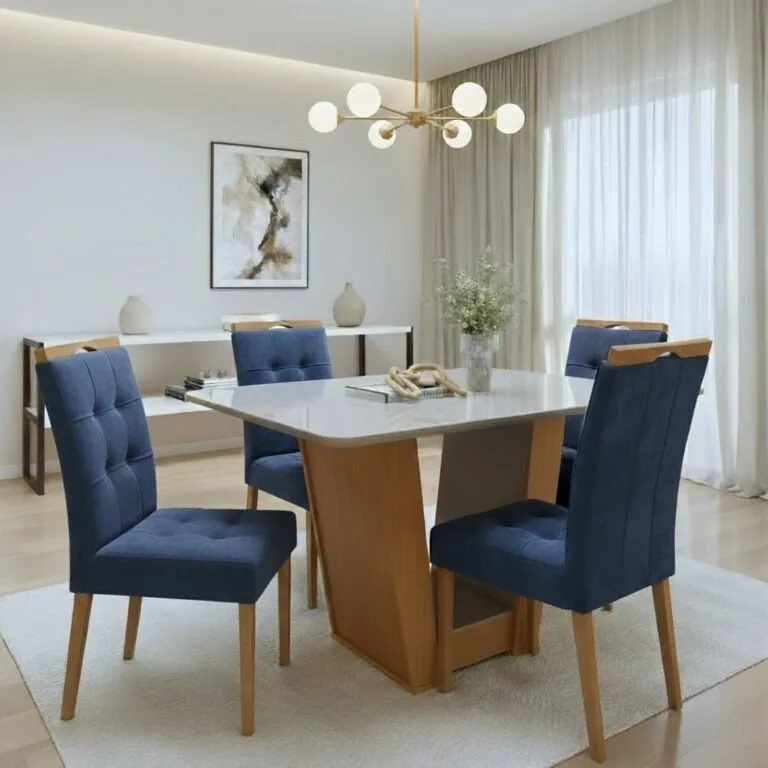 Mesa Apogeu (Tampo Maxi) 120 Amêndoa Clean/Off White com 4 Cadeiras Sophia Veludo Azul – LOPAS + WM DECOR