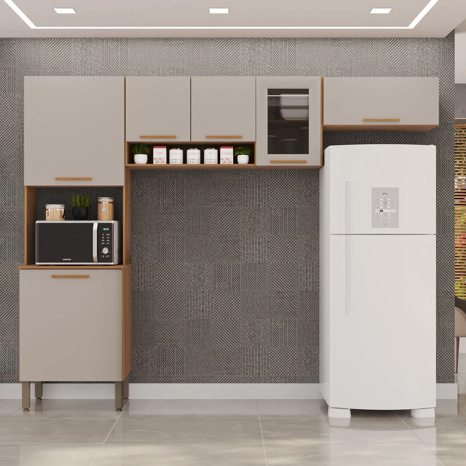 Cozinha 3 Peças (S/Balcão) New Valência (Vidro Fumê) Cinamomo/Off White – SALLÊTO