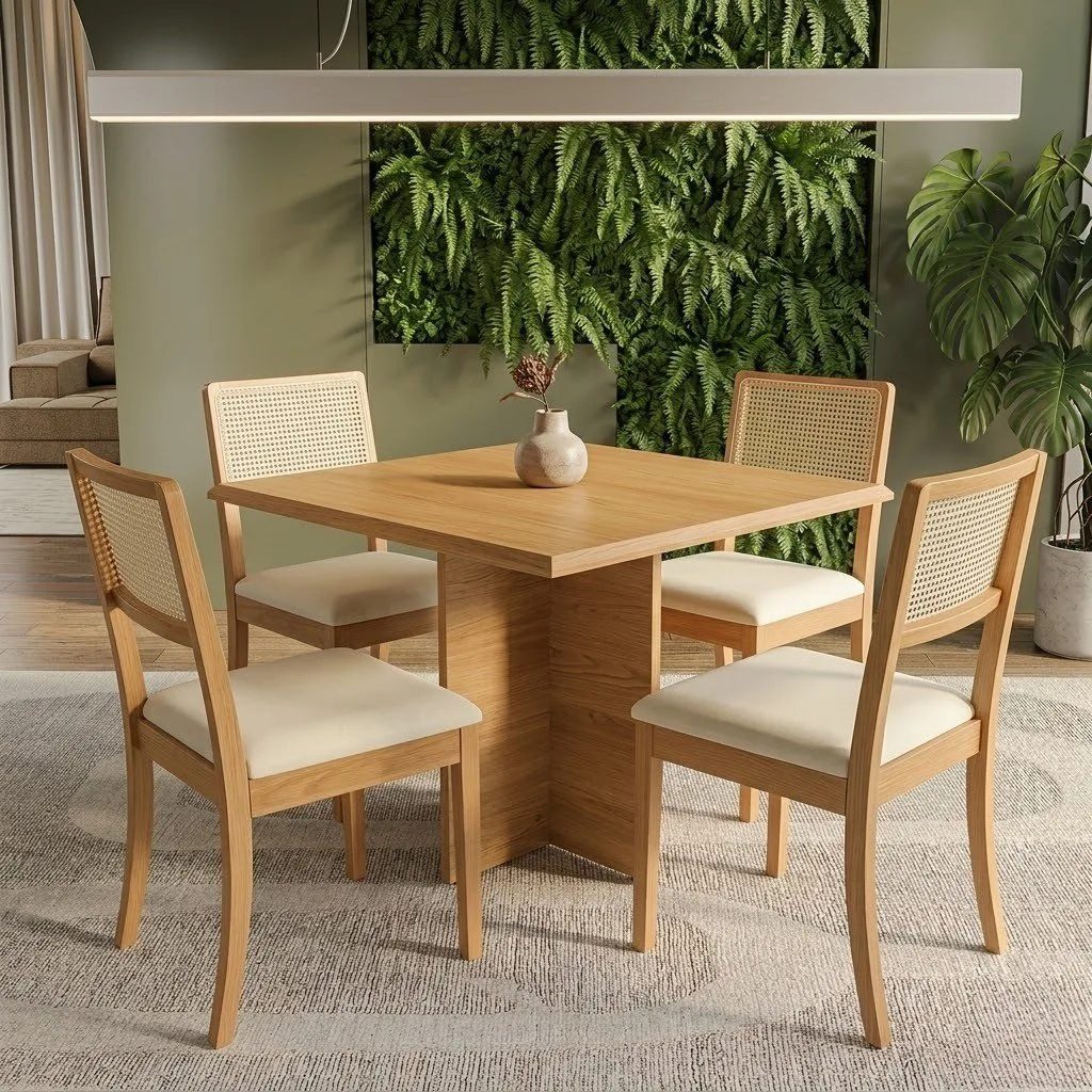 Mesa Pérola 90 Imbuia Mel (Tampo Viena s/vidro) com 4 Cadeiras Lola Linho Areia A085A – CARVALHO DECOR + KAPPESBERG