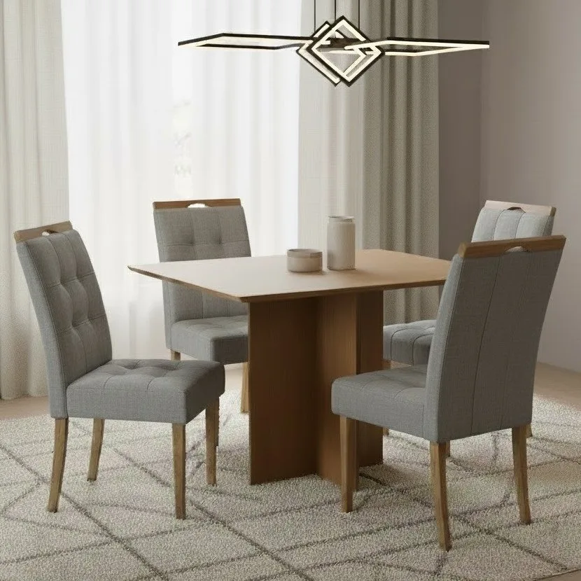 Mesa Pérola 120 Imbuia Mel (Tampo Viena s/vidro) com 4 Cadeiras Sophia Linho Cinza Grafite 206 – CARVALHO DECOR + WM DEC