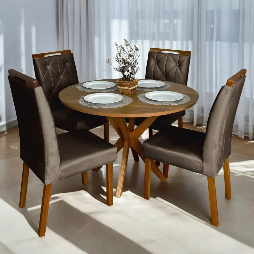 Mesa Redonda Simpatia 108 Cinamono com 4 Cadeiras Yasmim Veludo Marrom – JCM MOVELARIA + KM DECOR