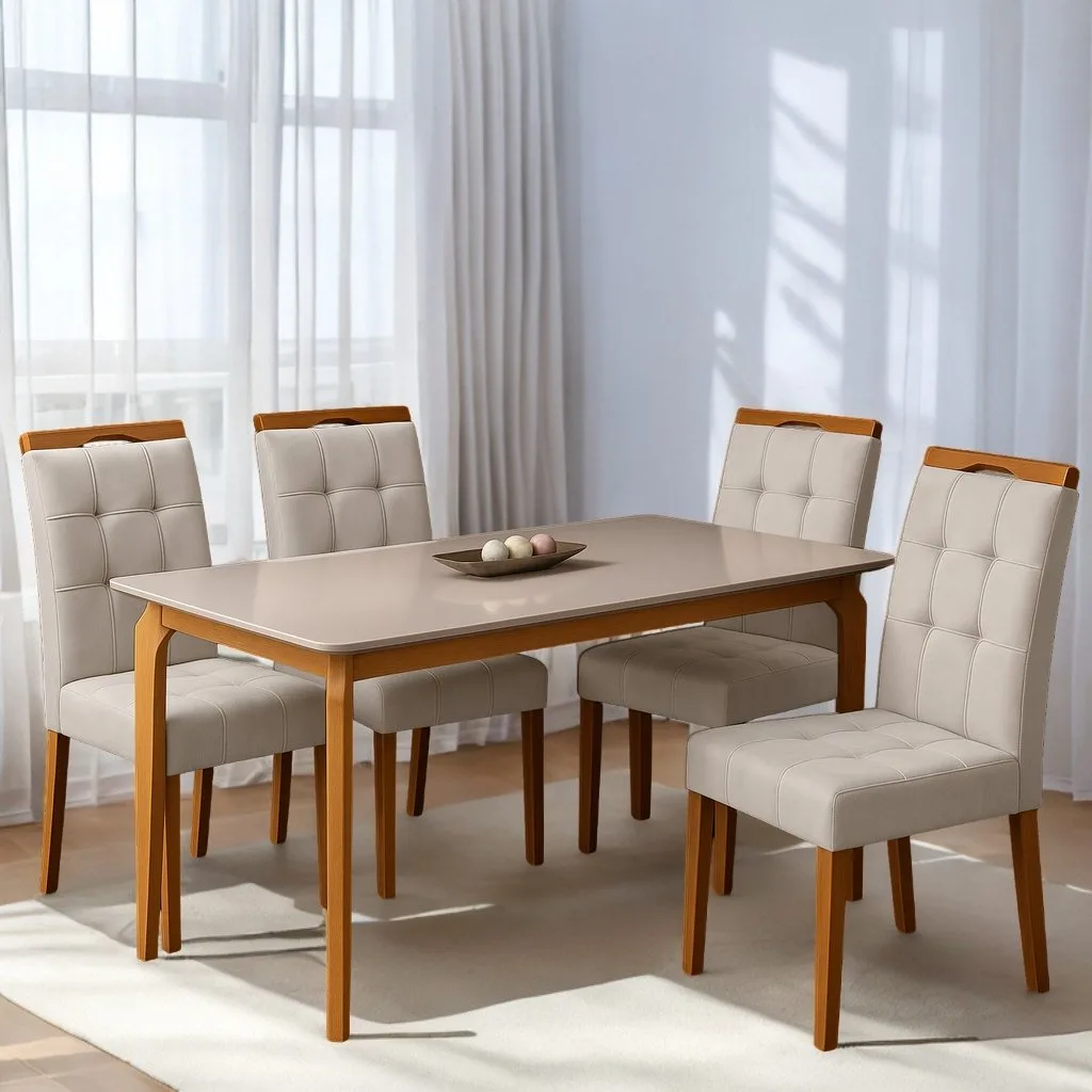 Mesa Alegra 120 Cinamomo/Off White com 4 Cadeiras Sophia Veludo Bege – JCM MOVELARIA + WM DECOR