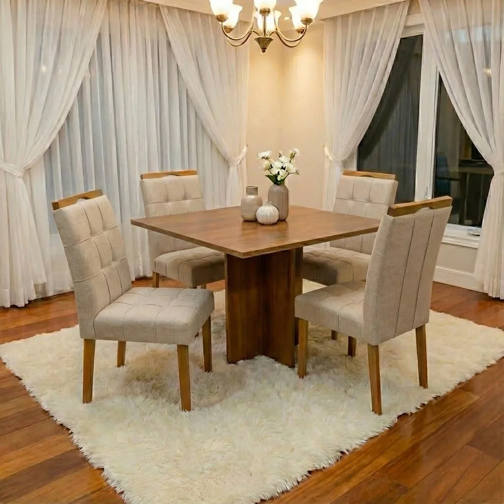 Mesa Salinas 100 (Tampo Dakota s/ vidro) Cinamomo com 4 Cadeiras Sophia Linho Bege 200 – CEL MÓVEIS + WM DECOR