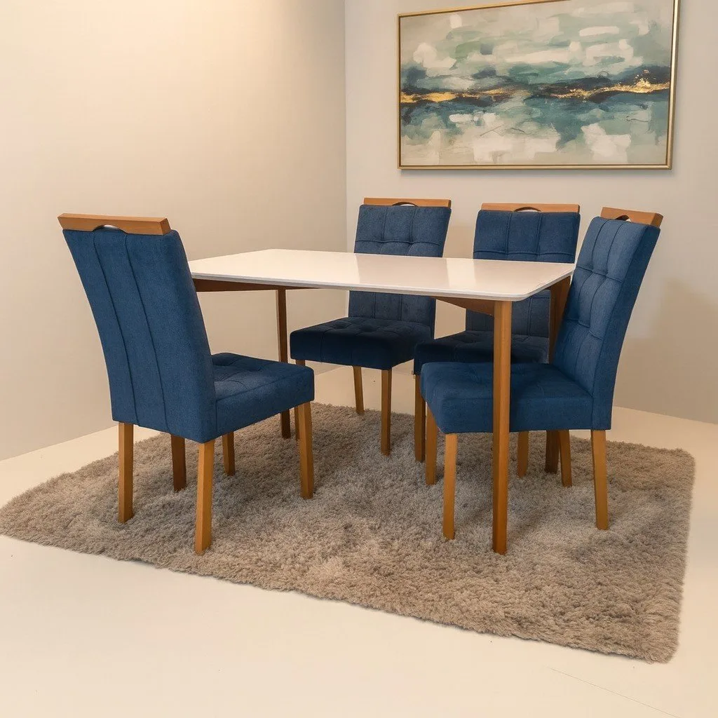 Mesa Ravena 120 Naturale/Off White com 4 Cadeiras Sophia Veludo Azul – CLEFATOS DECOR + WM DECOR