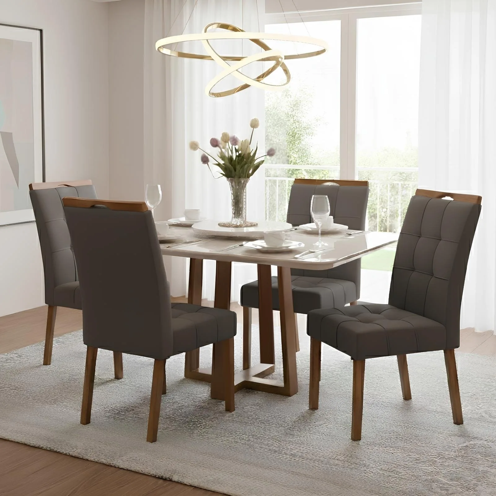 Mesa Pedro 120 Mel/Off White com 4 Cadeiras Sophia Veludo Cinza Grafite – ART ASSENTOS + WM DECOR