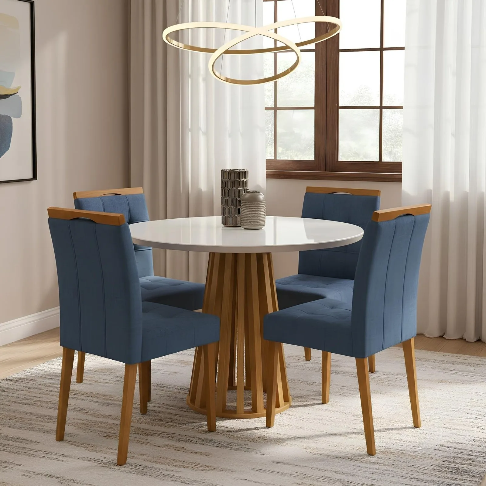 Mesa Redonda Berlim 100 Cinamomo/Off White com 4 Cadeiras Sophia Veludo Azul – CEL MÓVEIS + WM DECOR
