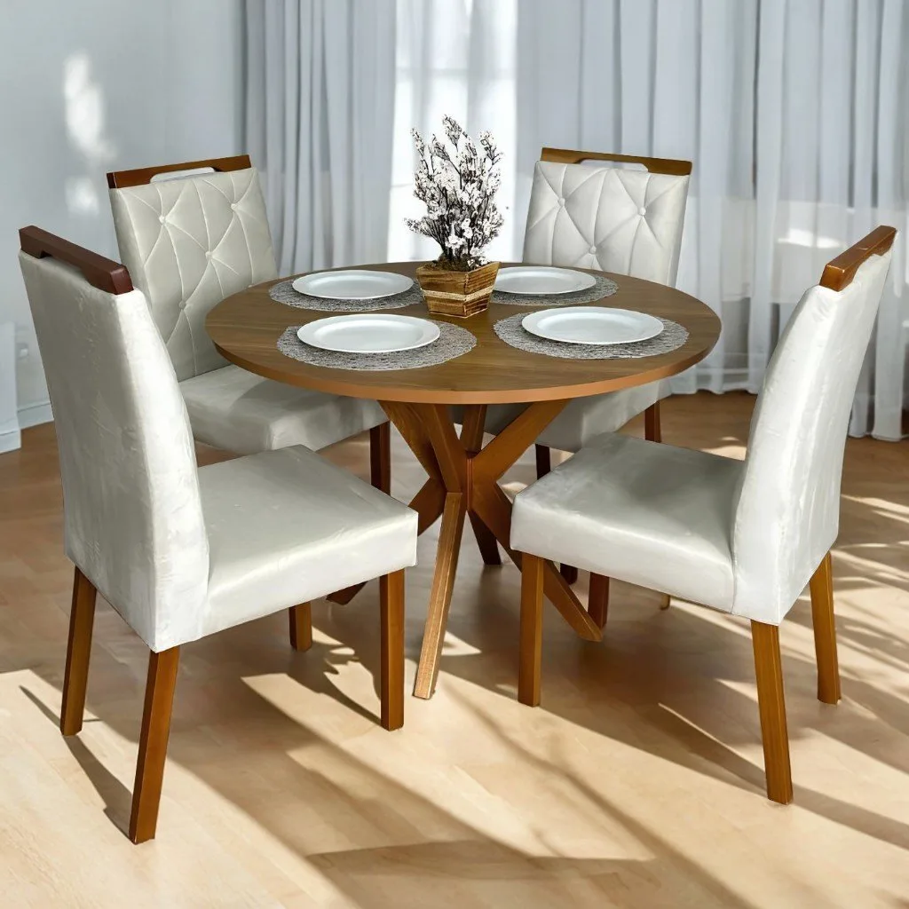 Mesa Redonda Simpatia 108 Cinamono com 4 Cadeiras Yasmim Veludo Bege – JCM MOVELARIA + KM DECOR