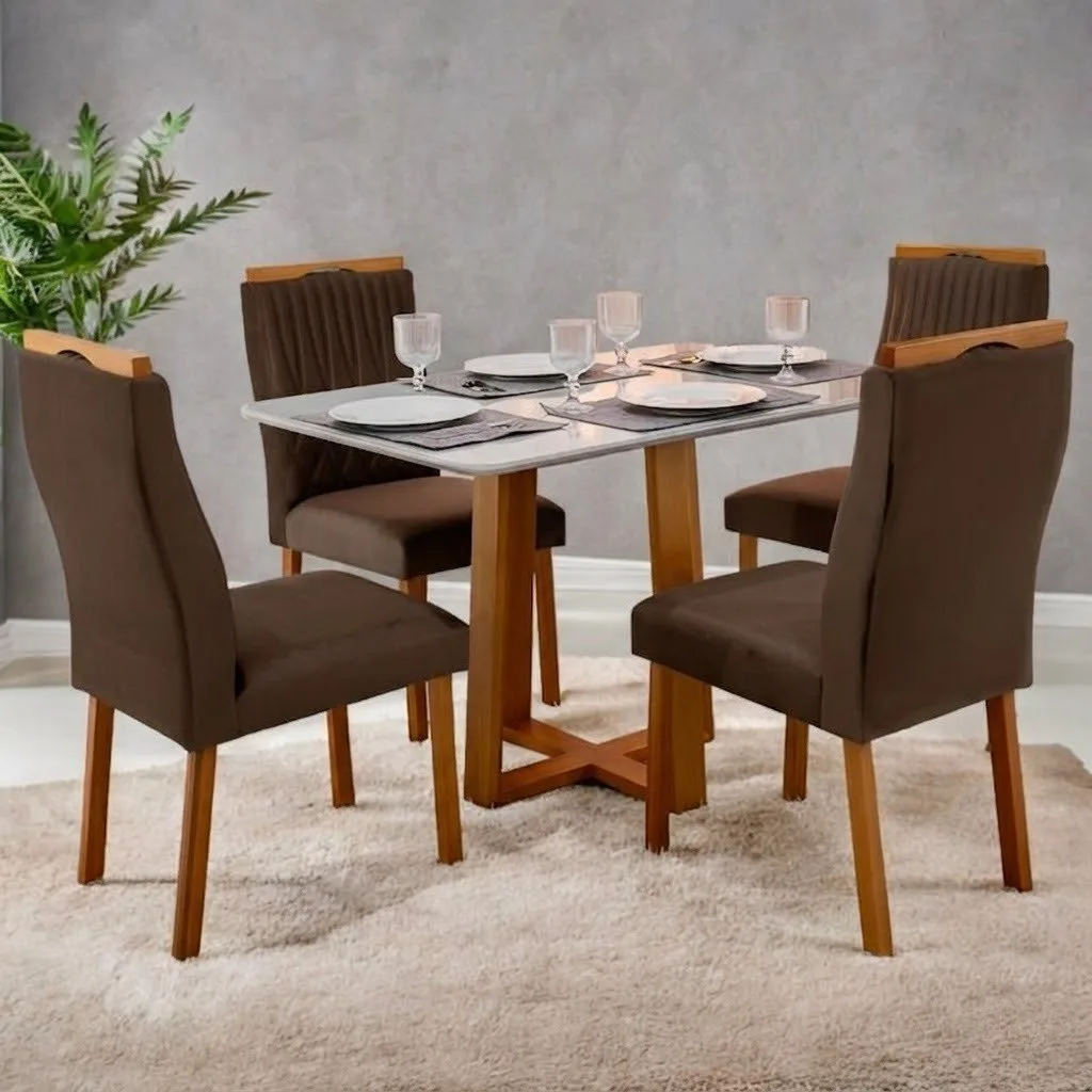 Mesa Pedro 90 Mel/Off White com 4 Cadeiras Gênova Veludo Cinza Grafite – ART ASSENTOS