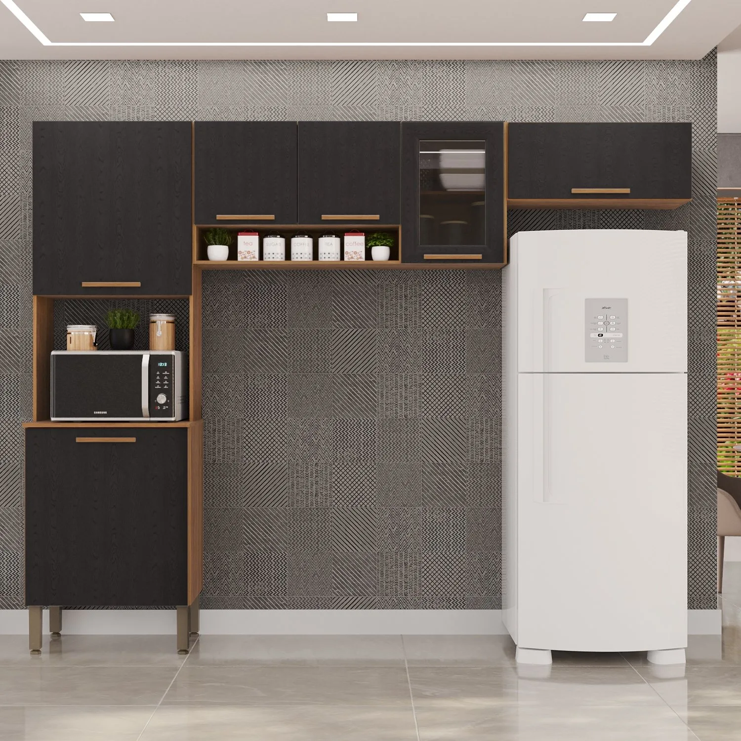 Cozinha 3 Peças (S/Balcão) New Valência (Vidro Fumê) Cinamomo/Preto – SALLÊTO