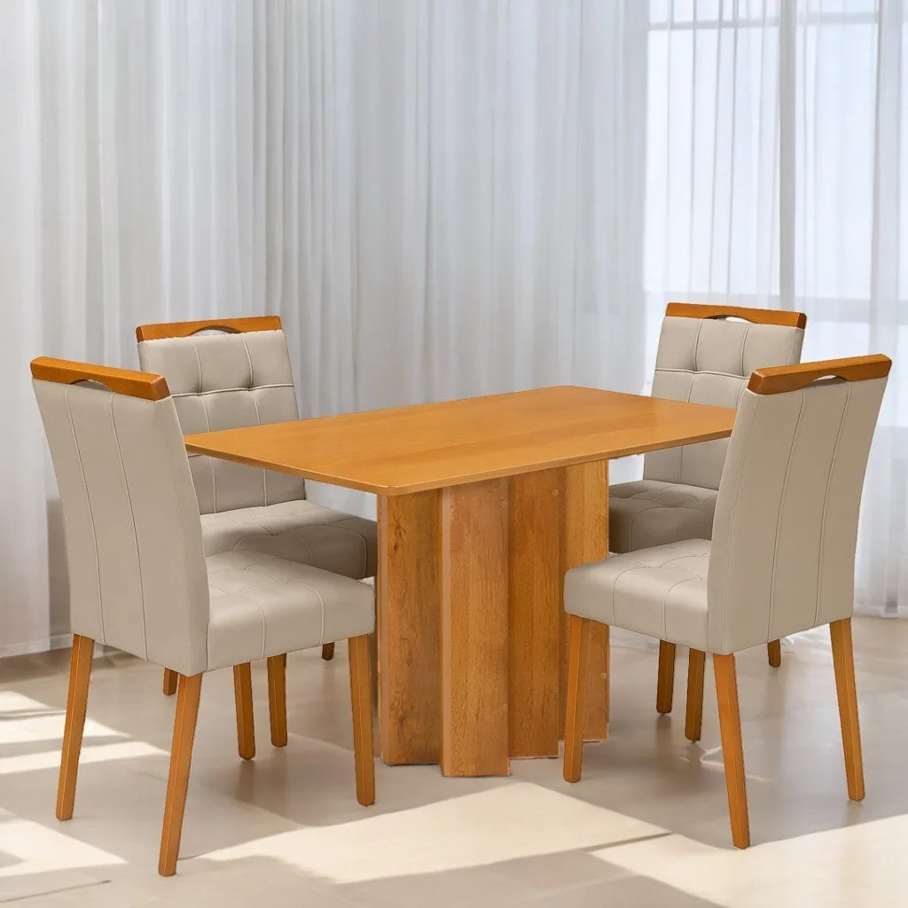 Mesa Recife 120 Cinamomo Laminado com 4 Cadeiras Sophia Veludo Bege – CEL MÓVEIS + WM DECOR