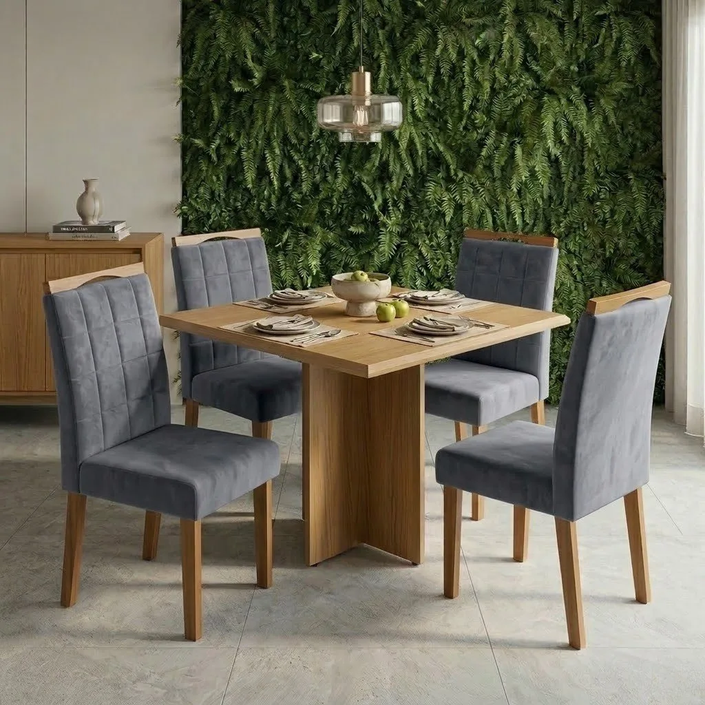 Mesa Pérola 90 Imbuia Mel (Tampo Viena s/vidro) com 4 Cadeiras Las Vegas Veludo Cinza Grafite 10 – CARVALHO DECOR + OUR