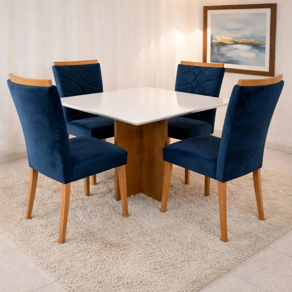 Mesa Salinas/Helô/Los Angeles 90 Cinamomo/Off White com 4 Cadeiras Safira Veludo Azul – CEL MÓVEIS + WM DECOR