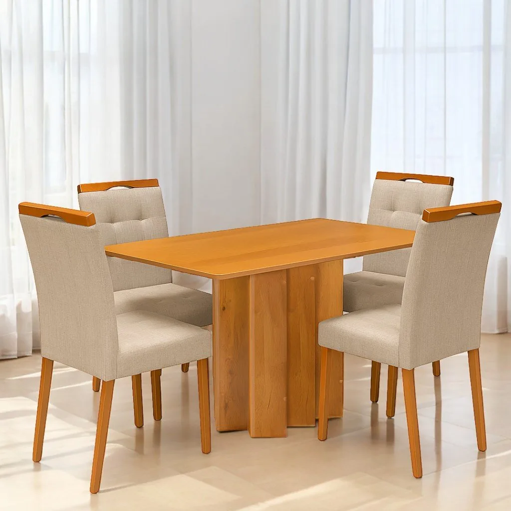 Mesa Recife 120 Cinamomo Laminado com 4 Cadeiras Sophia Linho Bege 200 – CEL MÓVEIS + WM DECOR