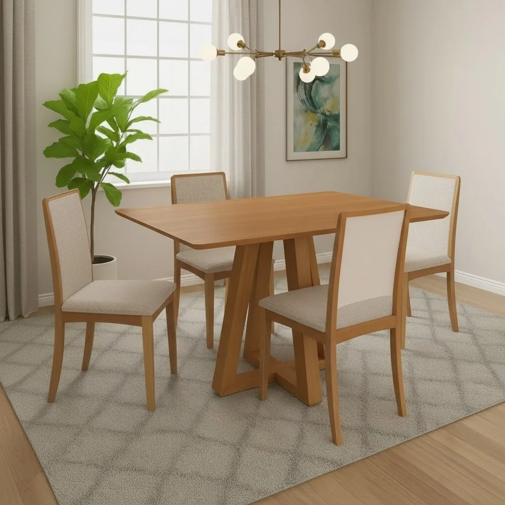 Mesa Alva ME02 120 Canela com 4 Cadeiras Lara 2CMM007CA Linho Areia – KAPPESBERG