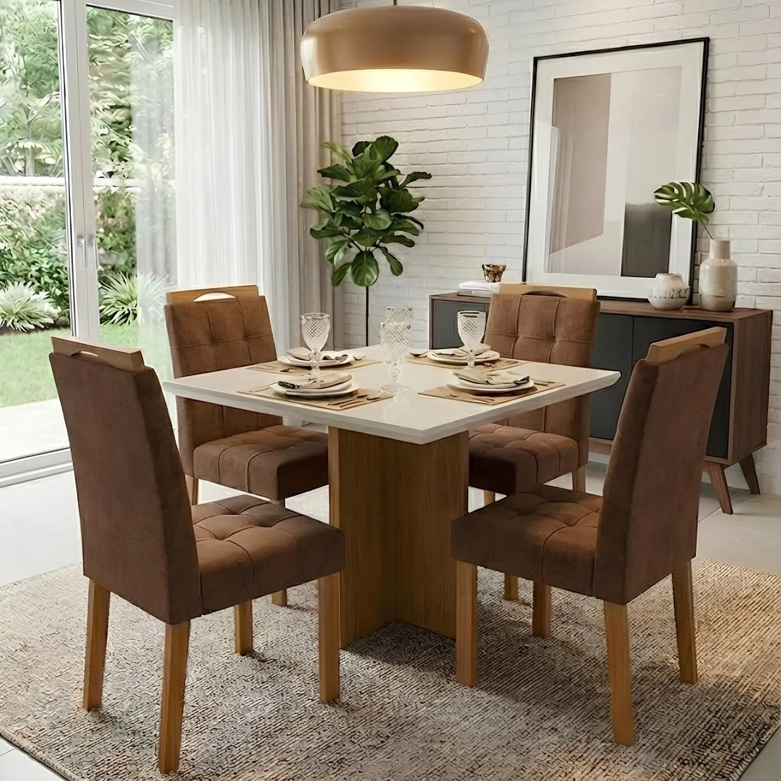 Mesa Salinas/Helô/Los Angeles 90 Cinamomo/Off White com 4 Cadeiras Sophia Veludo Marrom – CEL MÓVEIS + WM DECOR