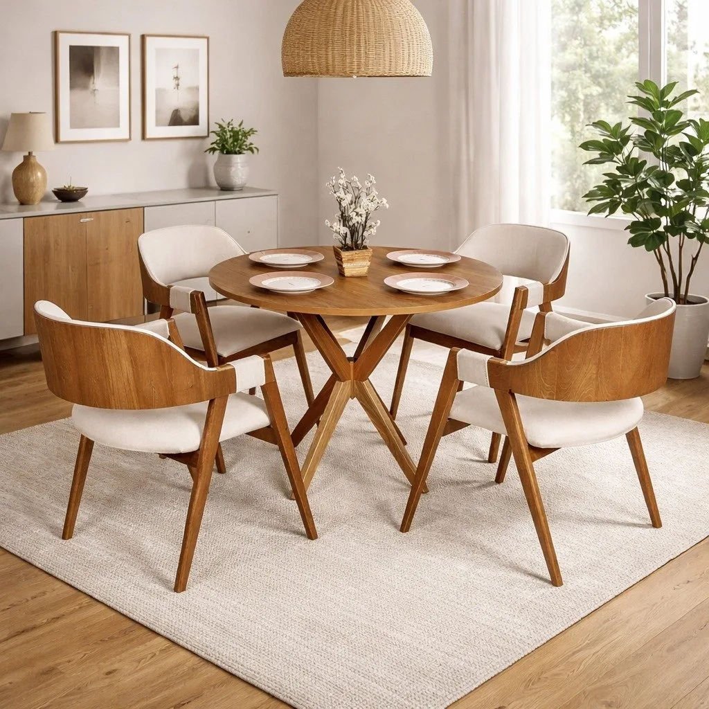 Mesa Redonda Simpatia 108 Cinamomo com 4 Cadeiras Pérola Linho Areia – JCM MOVELARIA + WJ DECOR