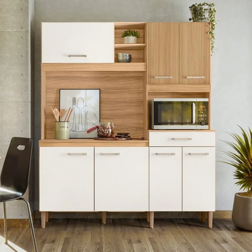 Kit Cozinha Yara 1,60 m Freijó/Off White Cristal/Ripado – NICIOLI