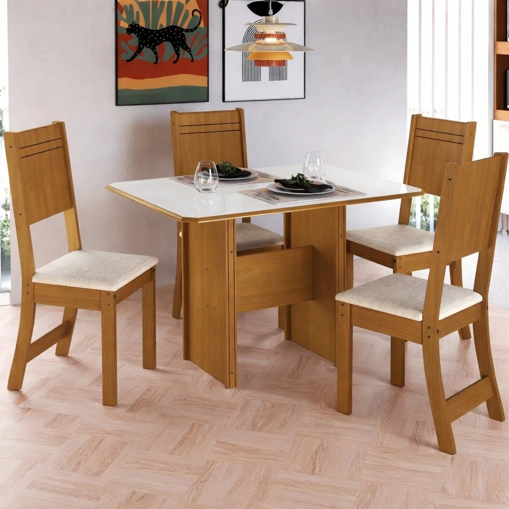 Mesa Évora 110 Freijó/Off White com 4 Cadeiras Linho Bege – INDÉKES