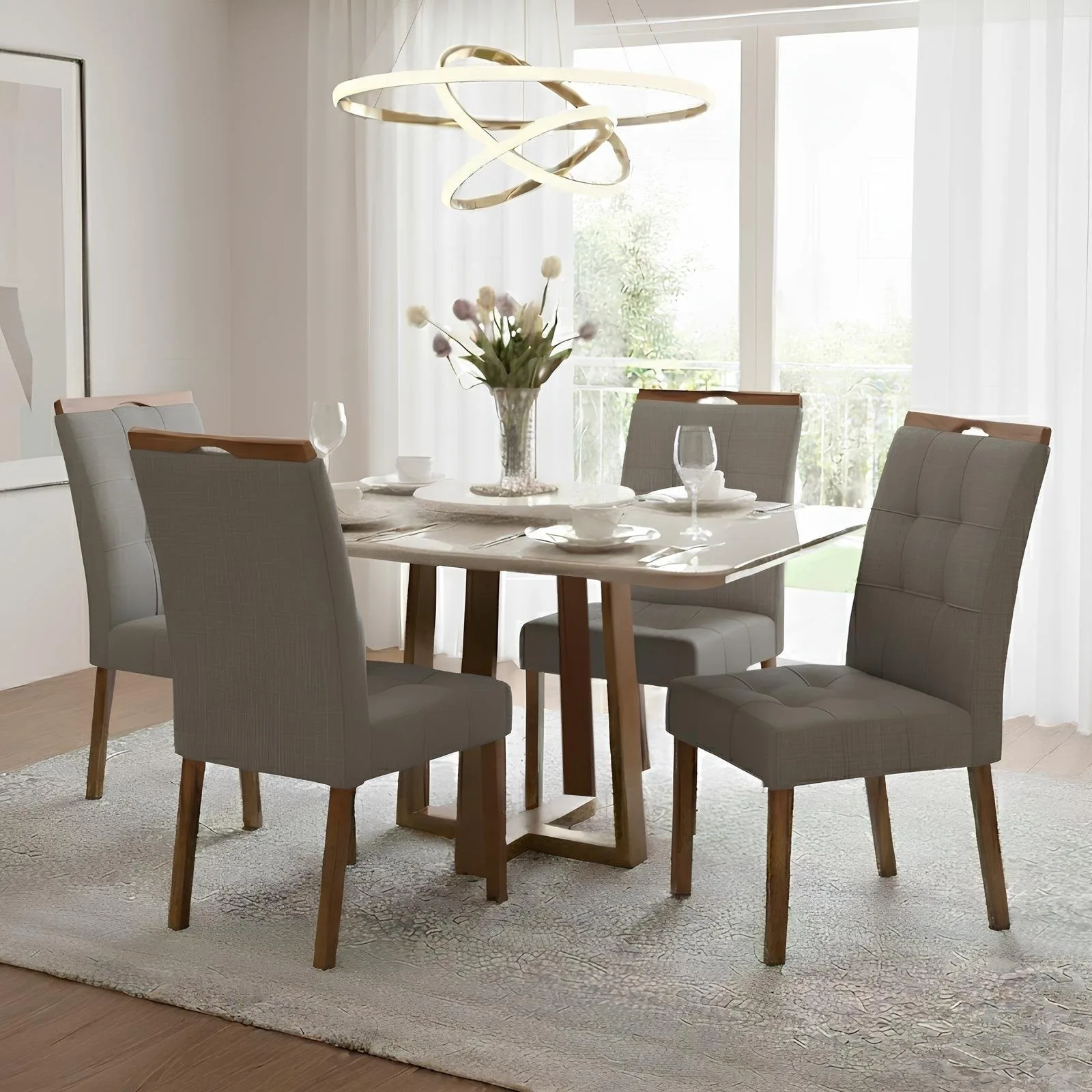 Mesa Pedro 120 Mel/Off White com 4 Cadeiras Sophia Linho Cinza Grafite 206 – ART ASSENTOS + WM DECOR