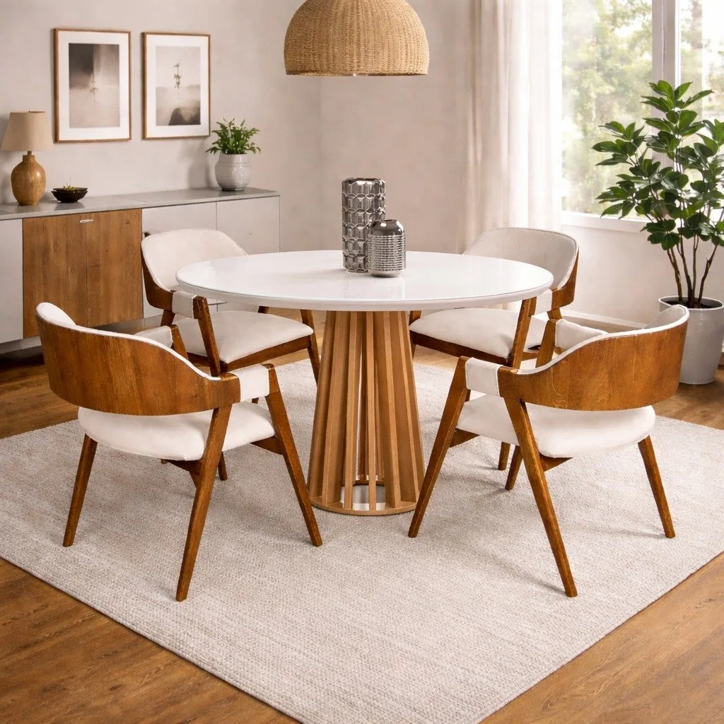 Mesa Berlim 100 Cinamomo/Off White com 4 Pérola Mel Laminado/Linho Areia – CEL MÓVEIS + WJ DECOR