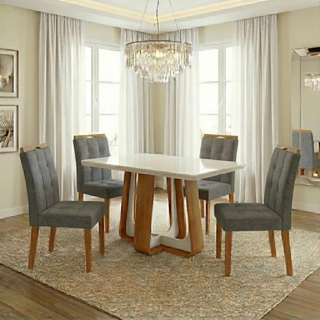 Mesa Sintonia (Tampo Maxi) 120 Amêndoa Clean/Off White com 4 Cadeiras Sophia Linho Cinza Grafite 206 – LOPAS + WM DECOR