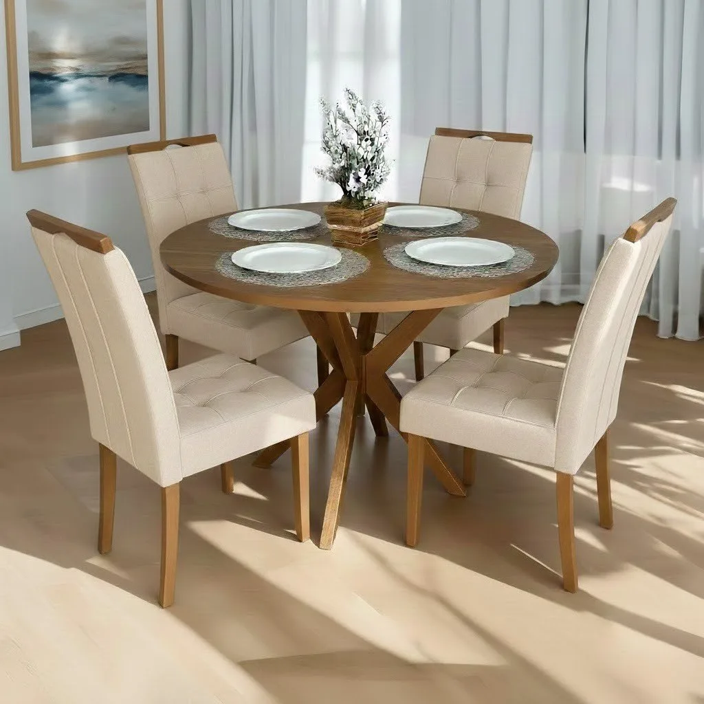 Mesa Redonda Simpatia 108 Cinamomo com 4 Cadeiras Sophia Veludo Bege – JCM MOVELARIA + WM DECOR