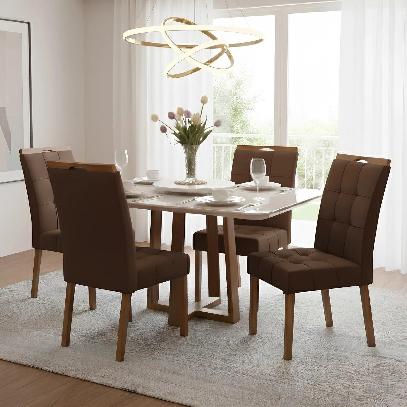 Mesa Pedro 120 Mel/Off White com 4 Cadeiras Sophia Veludo Marrom – ART ASSENTOS + WM DECOR