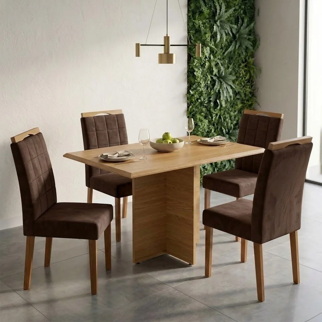 Mesa Pérola 120 Imbuia Mel (Tampo Viena s/vidro) com 4 Cadeiras Las Vegas Veludo Marrom 17 – CARVALHO DECOR + OURO DECOR
