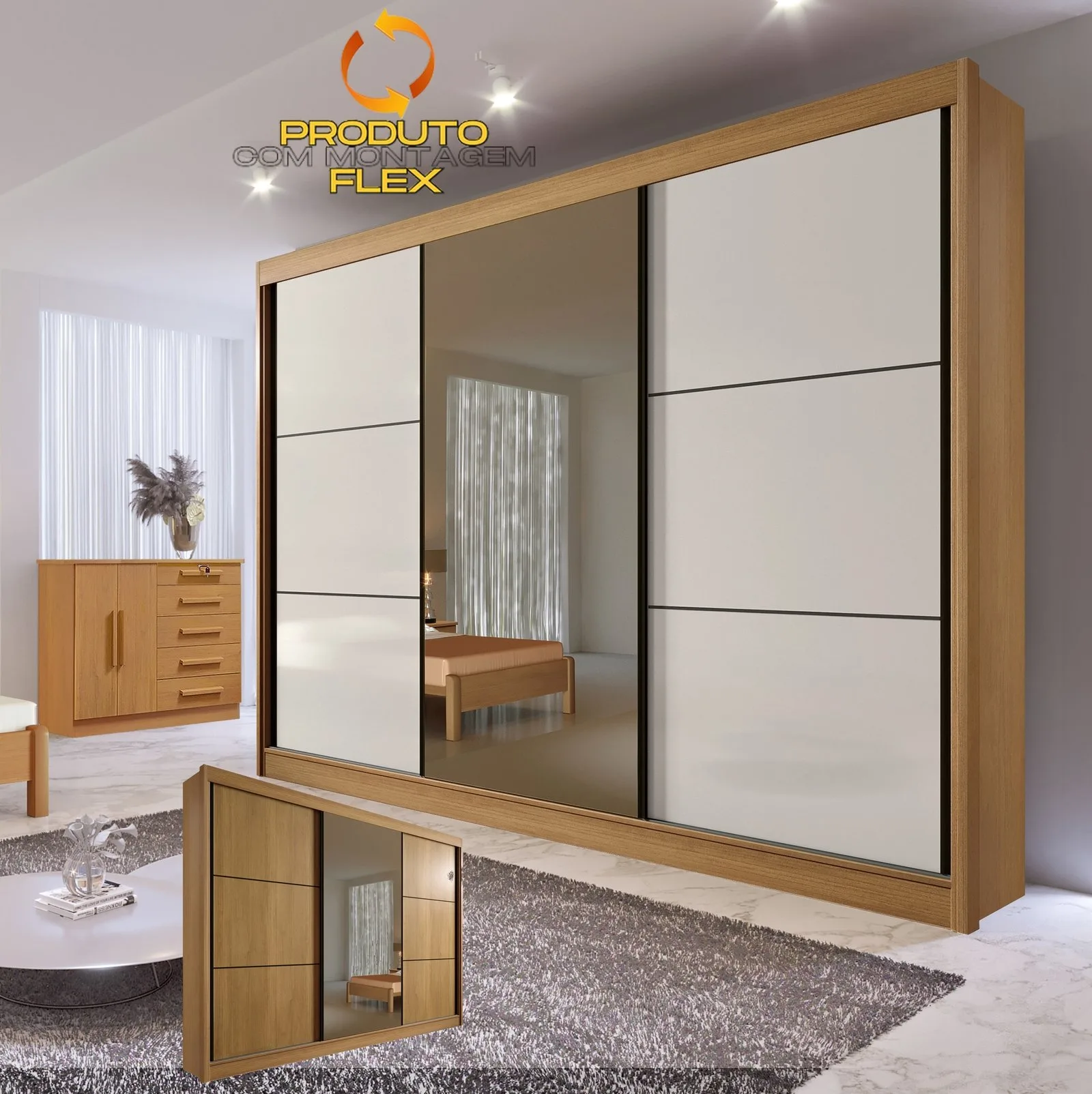 Guarda-Roupa 3 Portas Los Angeles 2,73 m Cinamomo/Off White/Cinamomo – D’DORO MÓVEIS