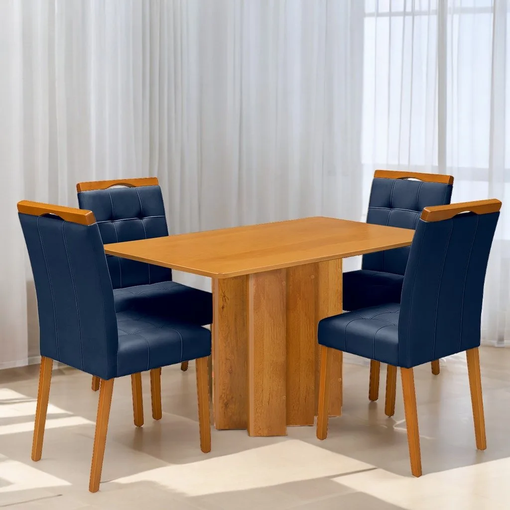 Mesa Recife 120 Cinamomo Laminado com 4 Cadeiras Sophia Veludo Azul – CEL MÓVEIS + WM DECOR